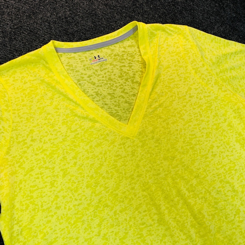 Under Armour HeatGear V-Neck Women XL Neon Yellow Burnout Activewear Gym Tee